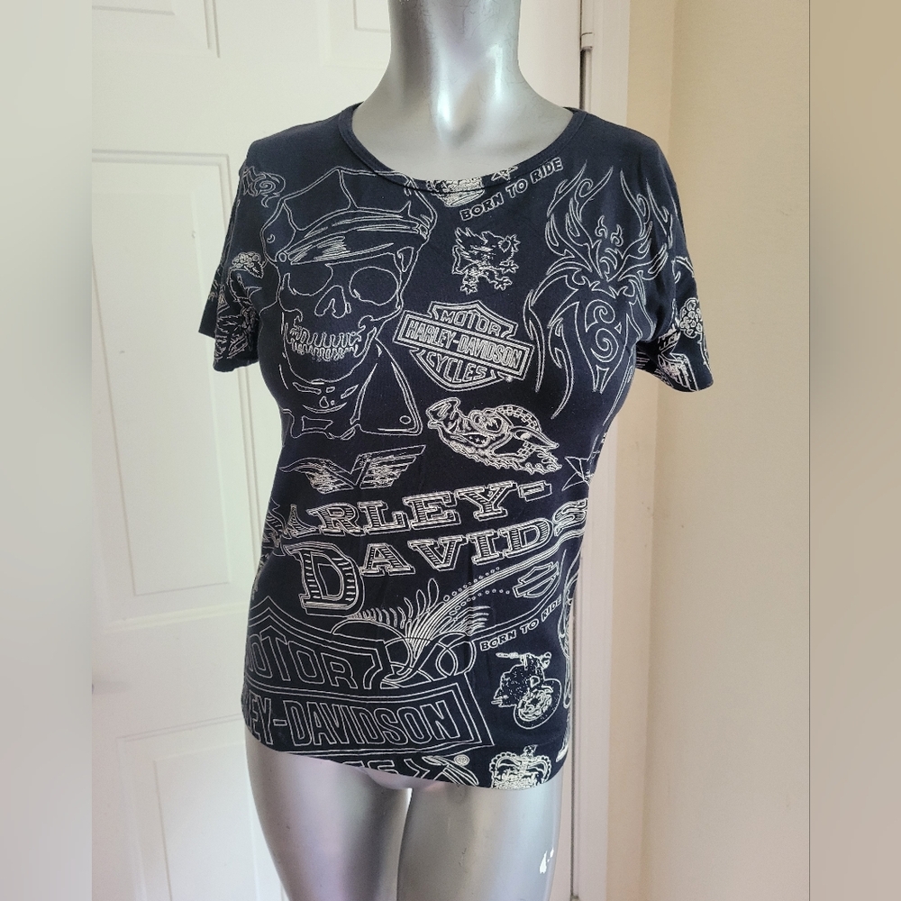 Harley Davidson Bravado Women's T-Shirt Born To Ride Big Logos Blk - Rare Small